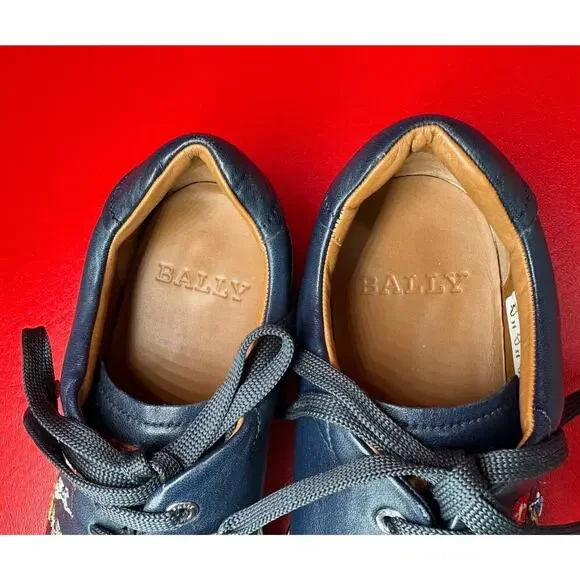 Bally Animal Anistern Navy Blue Leather Low Top Embroidered Sneakers Sz 6 1/2 D